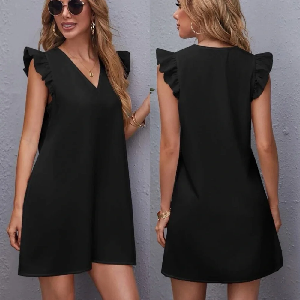 Ruffle tank sleeveless v neck solid tunic dress yellow - Picture 5 of 5